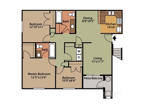 Floor plan for 3 beds, 2 baths, 1236 sqft